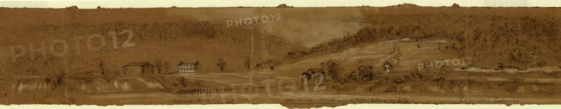 Ruined dock Saw mill Camp behind trees Battery on hill. Evansport Batteries, between 1860 and 1865, drawing on brown paper pencil and Chinese white, 5.6 x 35.6 cm. (sheet), 1862-1865, by Alfred R Waud, 1828-1891, an american artist famous for his American Civil War sketches, America, US