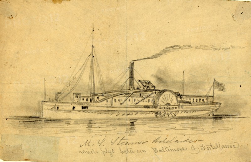 U.S. Steamer Adelaide, which plys between Baltimore & Fort Monroe, between 1860 and 1865, drawing on cream paper pencil, 12.5 x 19.8 cm. (sheet), 1862-1865, by Alfred R Waud, 1828-1891, an american artist famous for his American Civil War sketches, America, US