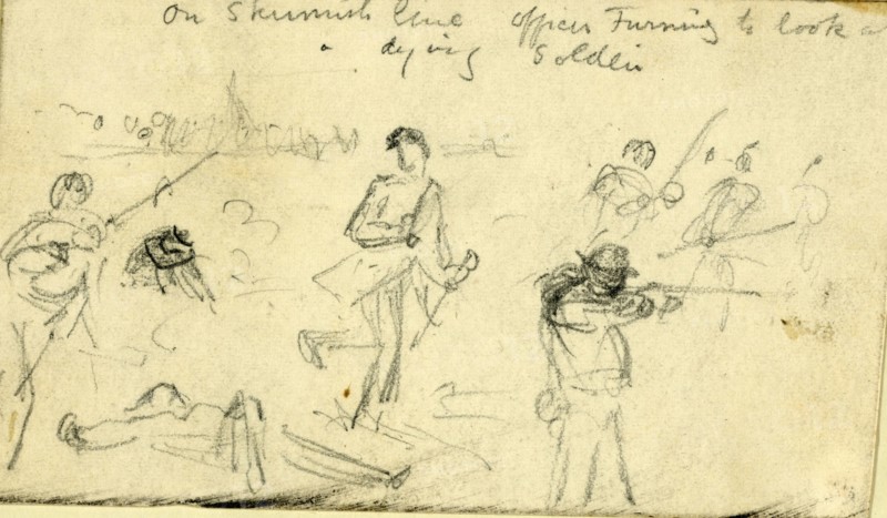 On skirmish line Officer turning to look at a dying soldier, between 1860 and 1865, drawing on white paper pencil, 6.9 x 12.1 cm. (sheet), 1862-1865, by Alfred R Waud, 1828-1891, an american artist famous for his American Civil War sketches, America, US