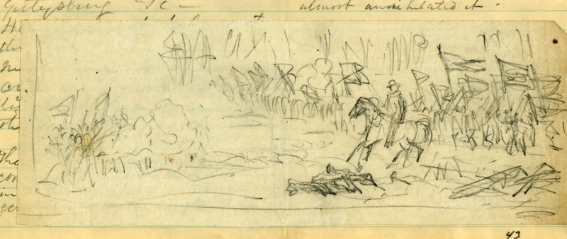 A Corps going into battle, possibly General Warren's V Corps at Mine Run, 1865?, drawing on white paper pencil, 8.8 x 23.8 cm. (sheet), 1862-1865, by Alfred R Waud, 1828-1891, an american artist famous for his American Civil War sketches, America, US