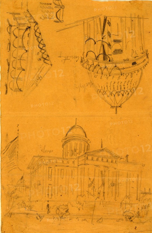 Illinois statehouse, Springfield, Ill, with details showing draped bunting on dome, 1865 May, drawing on yellow paper pencil, 21.5 x 13.7 cm. (sheet), 1862-1865, by Alfred R Waud, 1828-1891, an american artist famous for his American Civil War sketches, America, US