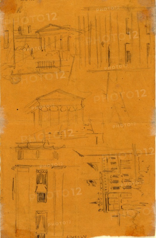 Architectural details with notation, LINCOLN, 1865 April?, drawing on yellow paper pencil, 21.5 x 13.7 cm. (sheet), 1862-1865, by Alfred R Waud, 1828-1891, an american artist famous for his American Civil War sketches, America, US