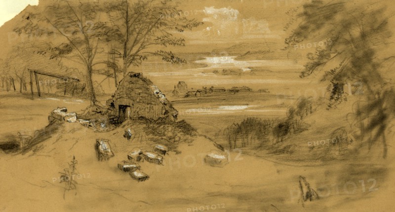 Ruined dwelling, town in distance, between 1860 and 1865, drawing on tan paper pencil and Chinese white, 12.6 x 24.4 cm. (sheet), 1862-1865, by Alfred R Waud, 1828-1891, an american artist famous for his American Civil War sketches, America, US