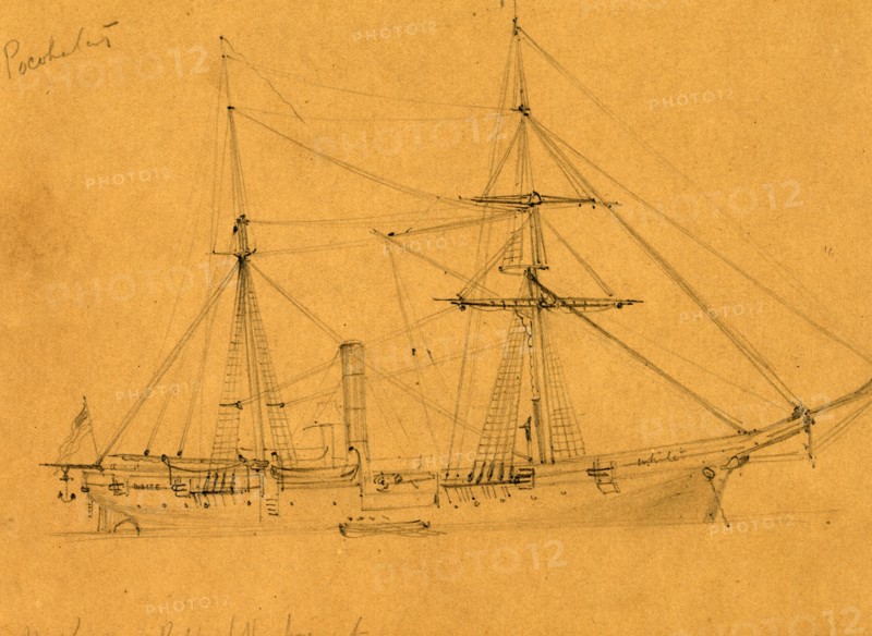 Pocohontas, broadside view of steam frigate, 1860-1865, drawing, 1862-1865, by Alfred R Waud, 1828-1891, an american artist famous for his American Civil War sketches, America, US