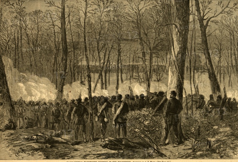 Major-General Wadsworth fighting in the Wilderness, 1864 May 5-7, 1 print wood engraving, 22.8 x 34.4 cm. (sheet), 1862-1865, by Alfred R Waud, 1828-1891, an american artist famous for his American Civil War sketches, America, US