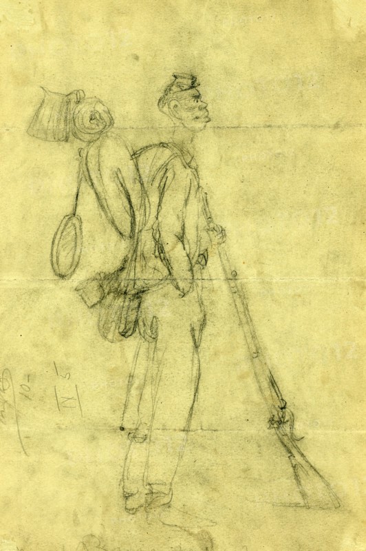 African American soldier, between 1862 and 1865, drawing on light green paper pencil and Chinese white, 22.8 x 34.4 cm. (sheet), 1862-1865, by Alfred R Waud, 1828-1891, an american artist famous for his American Civil War sketches, America, US