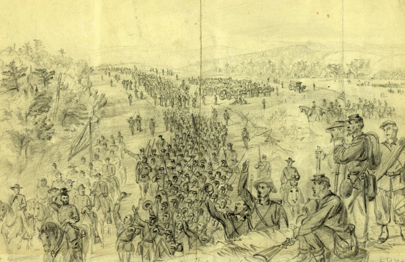 Sheridans army following Early up the Valley of the Shenandoah, between 1864 August and 1865 March, drawing on light green paper pencil, 23.6 x 34.6 cm. (sheet), 1862-1865, by Alfred R Waud, 1828-1891, an american artist famous for his American Civil War sketches, America, US