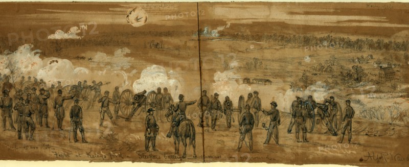 Fight at Kelly's Ford Sleepers battery, 1863 November 7, drawing on brown paper pencil and Chinese white, 12.9 x 35.5 cm. (sheet), 1862-1865, by Alfred R Waud, 1828-1891, an american artist famous for his American Civil War sketches, America, US