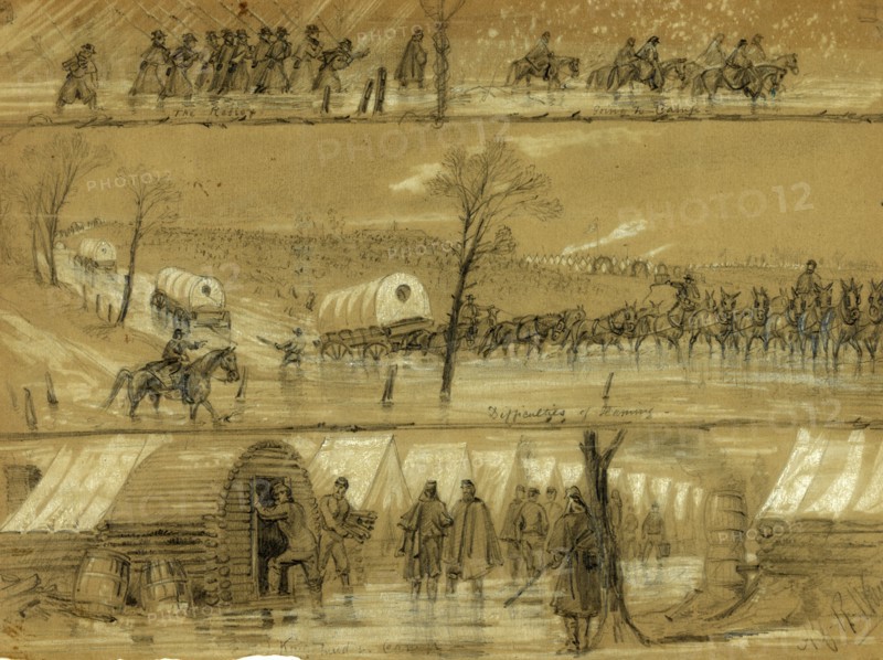Why the Army of the Potomac doesn't move, 1862, drawing on green paper pencil and Chinese white, 24.9 x 34.0 cm. (sheet), 1862-1865, by Alfred R Waud, 1828-1891, an american artist famous for his American Civil War sketches, America, US