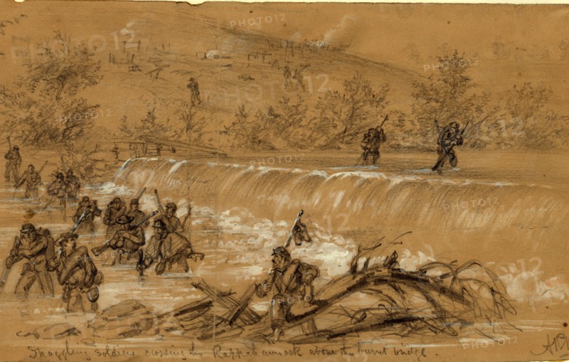 Straggling soldiers crossing the Rappahannock above the burnt bridge, 1863 October, drawing on tan paper pencil and Chinese white, 15.4 x 25.7 cm. (sheet), 1862-1865, by Alfred R Waud, 1828-1891, an american artist famous for his American Civil War sketches, America, US