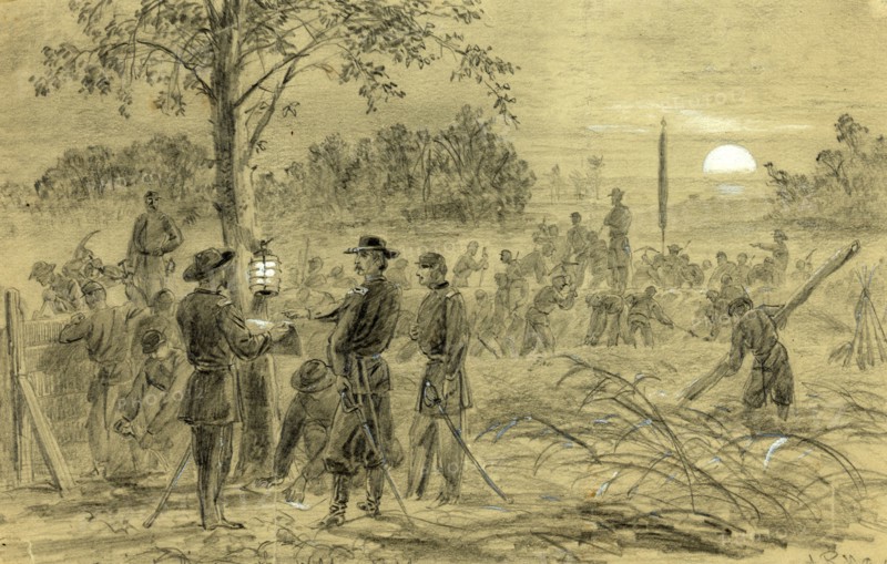 General Warren fortifying his lines on the Weldon road, 1864 September, drawing on olive paper pencil and Chinese white, 17.1 x 27.4 cm. (sheet), 1862-1865, by Alfred R Waud, 1828-1891, an american artist famous for his American Civil War sketches, America, US