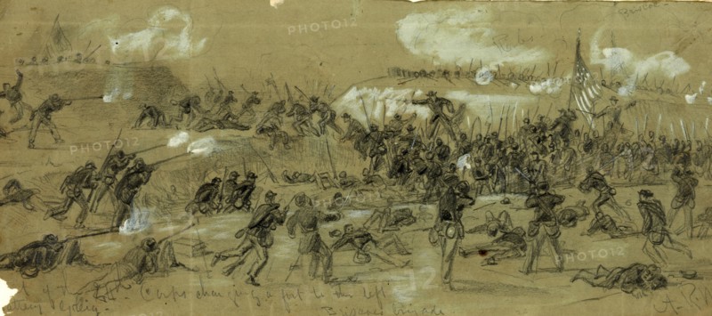 The 24th Corps charging a fort to the left, 1865 April 2, drawing on olive paper pencil and Chinese white, 14.1 x 33.8 cm. (sheet), 1862-1865, by Alfred R Waud, 1828-1891, an american artist famous for his American Civil War sketches, America, US