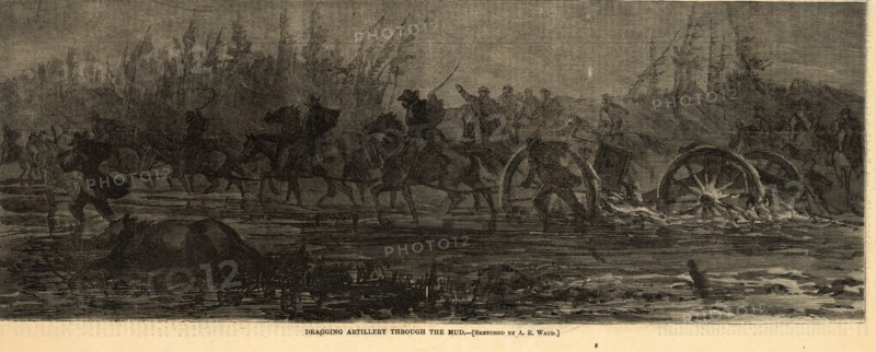 Dragging artillery through the mud, 1864 March, 1 print wood engraving, 35 x 13 cm. (image), 1862-1865, by Alfred R Waud, 1828-1891, an american artist famous for his American Civil War sketches, America, US