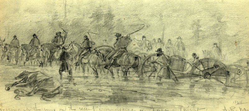 Dragging up the guns on the recent reconnoisance  in force (night) 1864, 1864 ca. February, drawing on light green paper pencil, 14.9 x 34.7 cm. (sheet), 1862-1865, by Alfred R Waud, 1828-1891, an american artist famous for his American Civil War sketches, America, US
