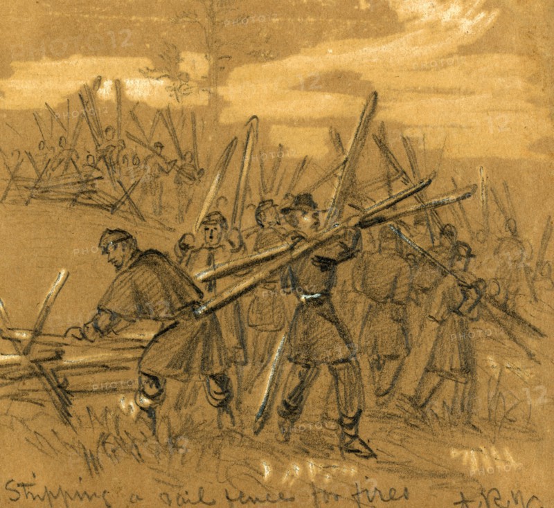 Stripping a rail fence for fires, between 1860 and 1865, drawing on brown paper pencil and Chinese white, 9.6 x 10.5 cm. (sheet), 1862-1865, by Alfred R Waud, 1828-1891, an american artist famous for his American Civil War sketches, America, US