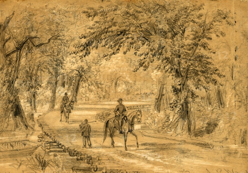 Bridge through the Chickahominy Swamp, between 1860 and 1865, drawing on tan paper pencil and Chinese white, 17.8 x 25.9 cm. (sheet), 1862-1865, by Alfred R Waud, 1828-1891, an american artist famous for his American Civil War sketches, America, US
