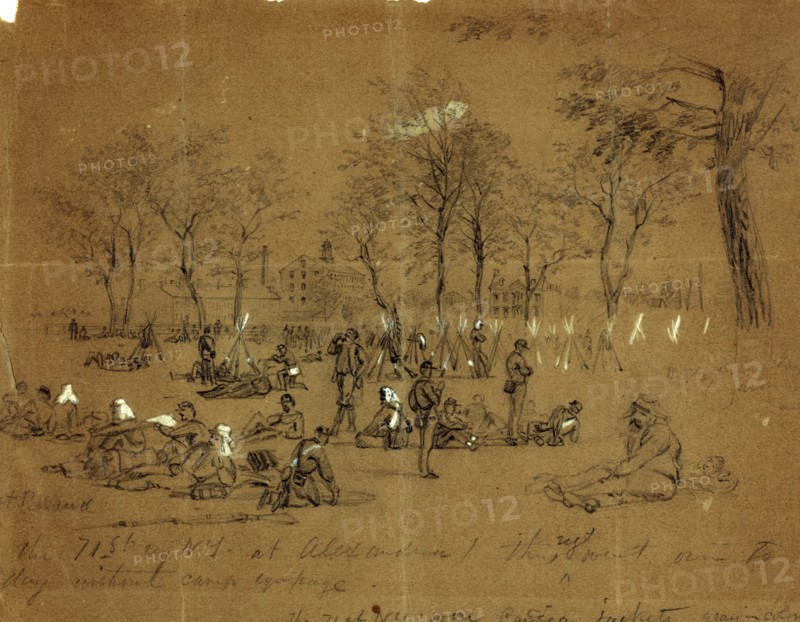 The 71st reg. N.Y. at Alexandria, 1861 May 24-31, drawing on brown paper pencil and Chinese white, 20.3 x 16.1 cm. (sheet), 1862-1865, by Alfred R Waud, 1828-1891, an american artist famous for his American Civil War sketches, America, US