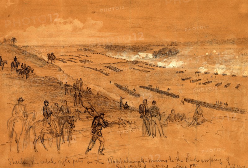 Shelling the rebel rifle pits on the Rappahannock, previous to the third crossing of Sedgwicks corps June 5th, 1863 June 5, drawing on brown paper pencil and Chinese white, 22.6 x 34.6 cm. (sheet), 1862-1865, by Alfred R Waud, 1828-1891, an american artist famous for his American Civil War sketches, America, US