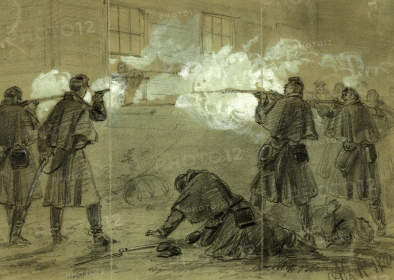 Bloody fight at Occoquan, Va, 1862 January 29, drawing on olive paper pencil and Chinese white, 18.0 x 25.9 cm. (sheet), 1862-1865, by Alfred R Waud, 1828-1891, an american artist famous for his American Civil War sketches, America, US