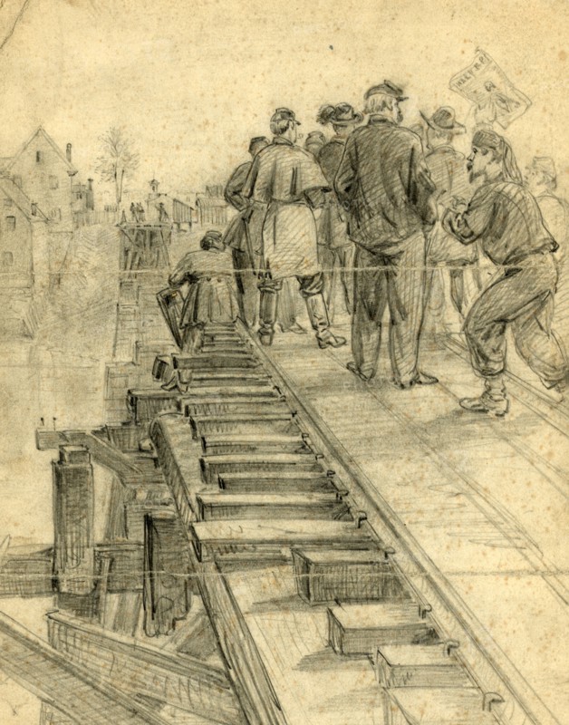 Union soldiers exchanging salutations with the Confederates at Fredericksburg, Va, 1862 November or December, drawing, 1862-1865, by Alfred R Waud, 1828-1891, an american artist famous for his American Civil War sketches, America, US