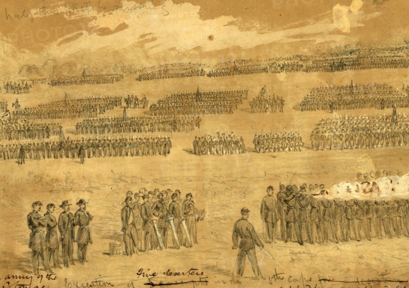 Execution of five deserters in the 5th Corps, 1863 August 29, drawing, 1862-1865, by Alfred R Waud, 1828-1891, an american artist famous for his American Civil War sketches, America, US