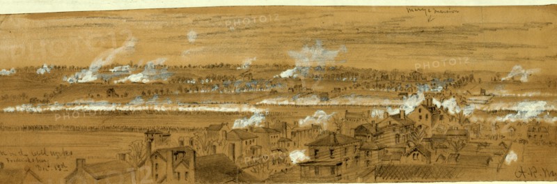 Attack on the rebel works. Fredericksburg. Dec. 13th, 1862 December 13, drawing on tan paper pencil and Chinese white, 10.3 x 35.4 cm. (sheet), 1862-1865, by Alfred R Waud, 1828-1891, an american artist famous for his American Civil War sketches, America, US