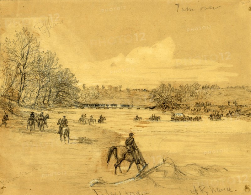 Ely's Ford, 1864 May 4, drawing on tan paper pencil and Chinese white, 17.8 x 23.3 cm. (sheet), 1862-1865, by Alfred R Waud, 1828-1891, an american artist famous for his American Civil War sketches, America, US