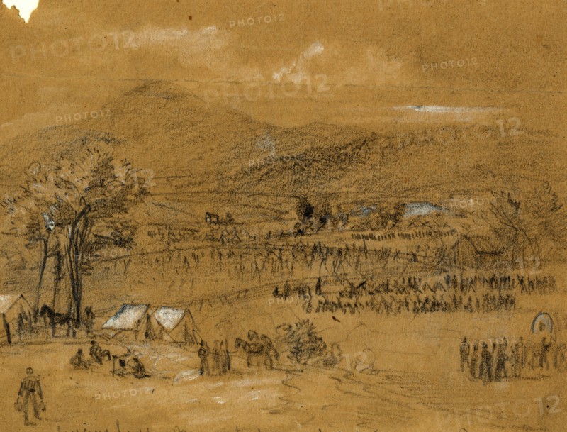 Sugarloaf Mountain, MD, 1862 September, drawing on tan paper pencil and Chinese white, 11.4 x 15.4 cm. (sheet), 1862-1865, by Alfred R Waud, 1828-1891, an american artist famous for his American Civil War sketches, America, US