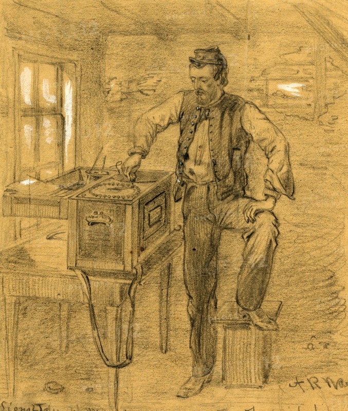 Signal Telegraph Machine and operator, Fredericksburg, 1862 ca. December, drawing, 1862-1865, by Alfred R Waud, 1828-1891, an american artist famous for his American Civil War sketches, America, US