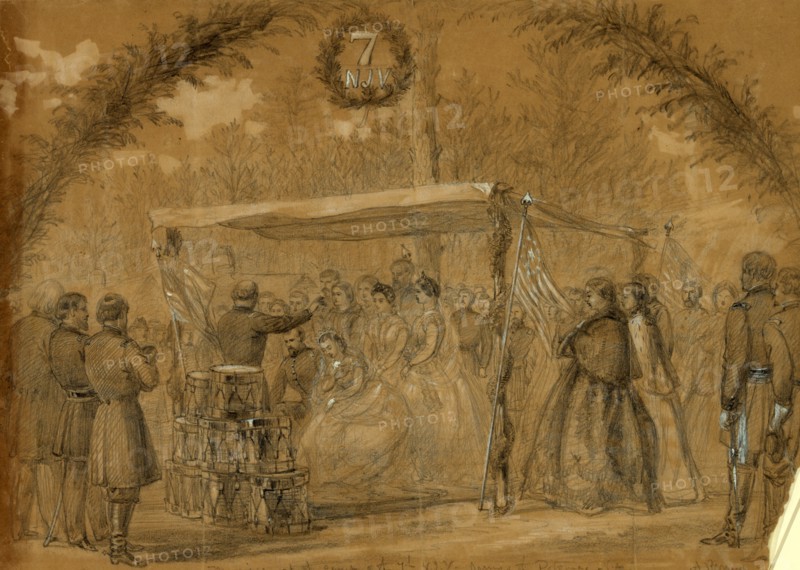 Marriage at the camp of the 7th N.J.V. Army of the Potomac, Va, 1863 March 18, drawing on tan paper pencil and Chinese white, 24.7 x 35.7 cm. (sheet), 1862-1865, by Alfred R Waud, 1828-1891, an american artist famous for his American Civil War sketches, America, US