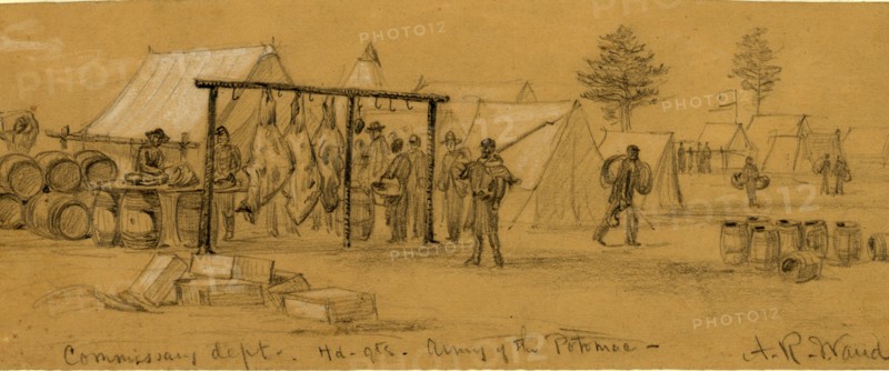 Commissary dept. Hd.qts. Army of the Potomac, 1863 March, drawing on tan paper pencil and Chinese white, 8.6 x 22.0 cm. (sheet), 1862-1865, by Alfred R Waud, 1828-1891, an american artist famous for his American Civil War sketches, America, US