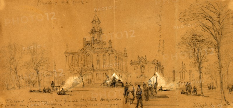 Fairfax Seminary now General Hospital Headquarters for the Army of the Potomac, between 1860 and 1865, drawing on brown paper pencil and Chinese white, 15.8 x 35.1 cm. (sheet), 1862-1865, by Alfred R Waud, 1828-1891, an american artist famous for his American Civil War sketches, America, US