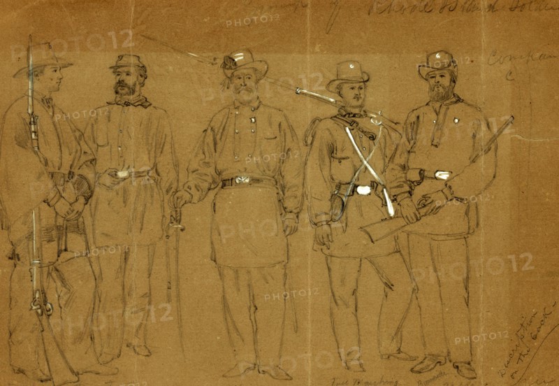 Group of Rhode Island Soldiers. Company C, 1861 ca. April-August, drawing, 1862-1865, by Alfred R Waud, 1828-1891, an american artist famous for his American Civil War sketches, America, US