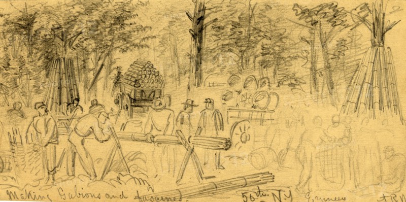 Making Gabions and fascines, 50th N.Y. Engineers, between 1860 and 1865, drawing on tan paper pencil, 10.9 x 22.8 cm. (sheet), 1862-1865, by Alfred R Waud, 1828-1891, an american artist famous for his American Civil War sketches, America, US
