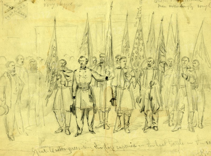 Genl. Custer presenting the flags captured in the last battle in the valley, 1864 October 23, drawing on light green paper pencil, 24.1 x 32.8 cm. (sheet), 1862-1865, by Alfred R Waud, 1828-1891, an american artist famous for his American Civil War sketches, America, US