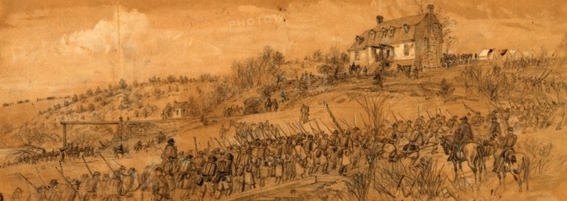 Scene at Germanna Ford, 6th Corps returning from Mine Run, 1863 November-December, drawing, 1862-1865, by Alfred R Waud, 1828-1891, an american artist famous for his American Civil War sketches, America, US