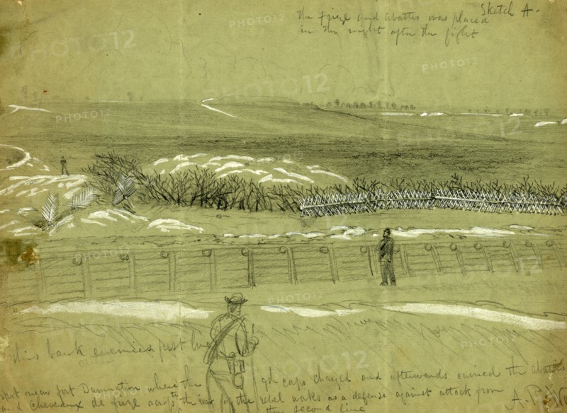 Spot near fort Damnation where the 9th Corps charged and afterwords carried the abattis and Cheveaux de frize  across to the rear of the rebel works as a defense against attack from the second line, 1865 ca. June, drawing on green paper pencil and Chinese white, 23.8 x 33.9 cm. (sheet), 1862-1865, by Alfred R Waud, 1828-1891, an american artist famous for his American Civil War sketches, America, US