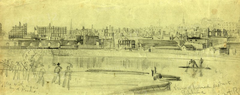 View of burned district Richmond, 1865 ca. April-May, drawing, 1862-1865, by Alfred R Waud, 1828-1891, an american artist famous for his American Civil War sketches, America, US