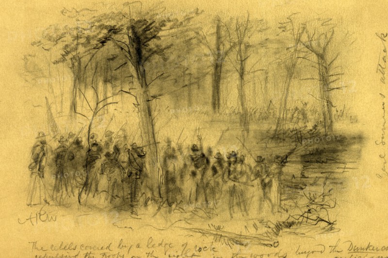 The rebels covered by a ledge of rock repulsing the troops on the right- in the woods beyond the Duncker ch.  Antietam, 1862 September 17, drawing on tan paper pencil, 16.7 x 25.5 cm. (sheet), 1862-1865, by Alfred R Waud, 1828-1891, an american artist famous for his American Civil War sketches, America, US