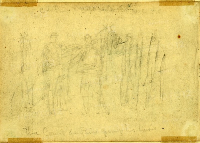 The Count de Paris giving his horse?, between 1861 December and 1862 June, drawing on cream paper pencil, 9.7 x 14.1 cm. (sheet), 1862-1865, by Alfred R Waud, 1828-1891, an american artist famous for his American Civil War sketches, America, US