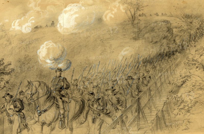 N.Y. 14th Heavy Artillery crossing Chesterfield bridge on the North Anna under a heavy artillery fire, 1864 ca. May 31, drawing, 1862-1865, by Alfred R Waud, 1828-1891, an american artist famous for his American Civil War sketches, America, US