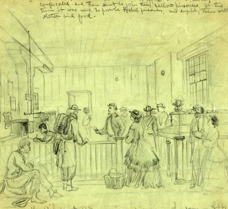 Lt. Bishop A.P.M. receiving prisoners in the room in Libby where our soldiers used to be robbed by the chivalry, 1865, drawing, 1862-1865, by Alfred R Waud, 1828-1891, an american artist famous for his American Civil War sketches, America, US