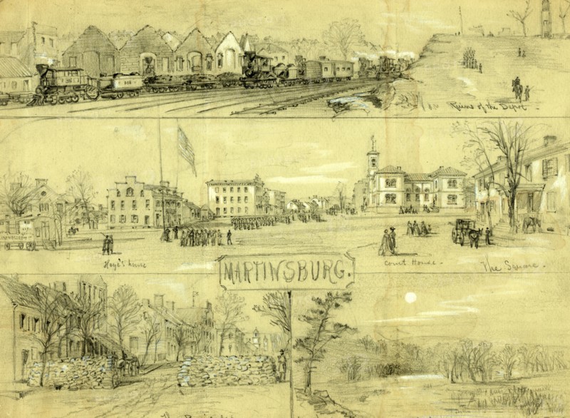 Martinsburg, 1864 ca. December 3, drawing on light green paper pencil and Chinese white, 23.5 x 32.7 cm (sheet), 1862-1865, by Alfred R Waud, 1828-1891, an american artist famous for his American Civil War sketches, America, US