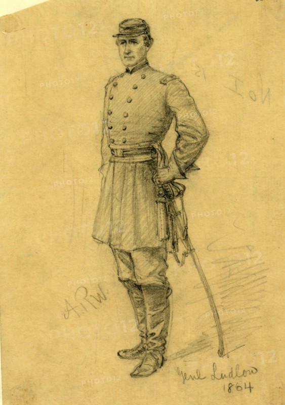Genl Ludlow, 1864, drawing on yellow paper pencil, 17.2 x 11.6 cm. (sheet), 1862-1865, by Alfred R Waud, 1828-1891, an american artist famous for his American Civil War sketches, America, US
