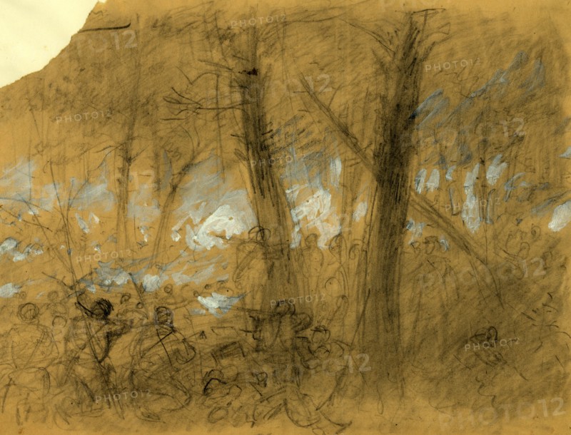 Glendale, Va, 1862 June 30, drawing on tan paper pencil and Chinese white, 22.9 x30.5 cm, 1862-1865, by Alfred R Waud, 1828-1891, an american artist famous for his American Civil War sketches, America, US