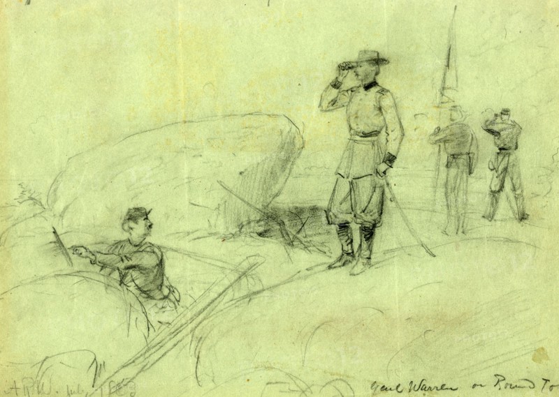 Genl Warren on Round Top, 1863 July 2, drawing on green paper pencil, 23.1 x 32.5 cm. (sheet), 1862-1865, by Alfred R Waud, 1828-1891, an american artist famous for his American Civil War sketches, America, US