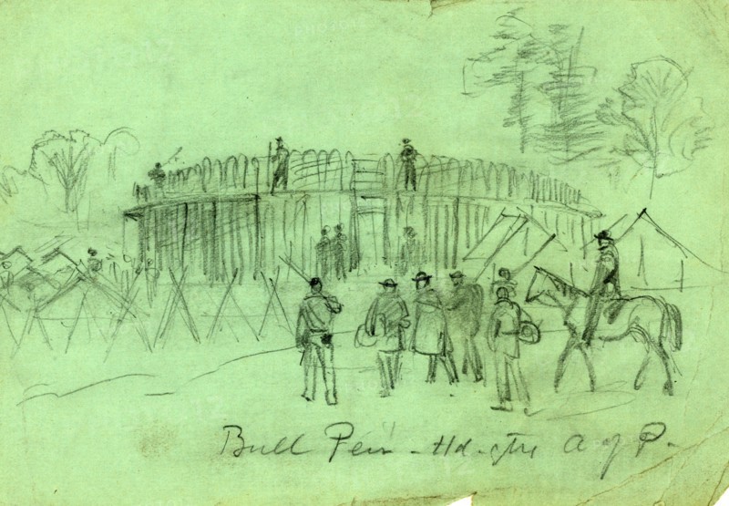 Bull Pen - Hd. qtrs A of P, between 1860 and 1865, drawing on blue-green paper pencil, 12.7 x 18.7 cm. (sheet), 1862-1865, by Alfred R Waud, 1828-1891, an american artist famous for his American Civil War sketches, America, US