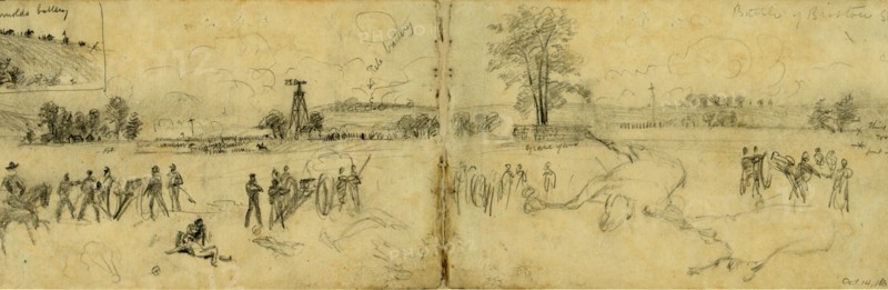 Battle of Bristow  Station, 1863 October 14, drawing on cream lined paper pencil, 10.9 x 36.0 cm. (sheet), 1862-1865, by Alfred R Waud, 1828-1891, an american artist famous for his American Civil War sketches, America, US