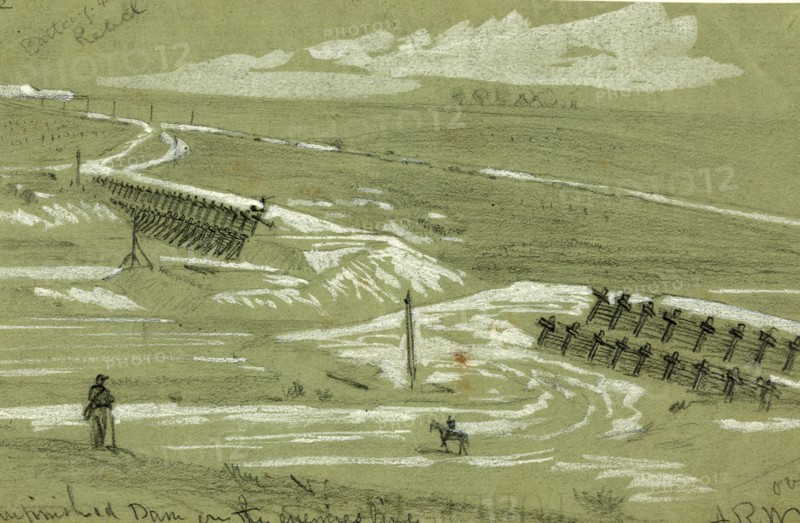 Unfinished dam on the enemies line, 1860-1865, drawing, 1862-1865, by Alfred R Waud, 1828-1891, an american artist famous for his American Civil War sketches, America, US