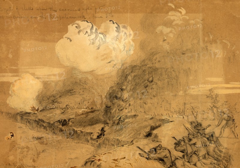 Effects of shells upon the enemies rifle pits at the crossing over the Rappahannock, June 5th, 1863 June 5, drawing on tan paper pencil, ink wash, and Chinese white, 23.8 x 35.0 cm. (sheet), 1862-1865, by Alfred R Waud, 1828-1891, an american artist famous for his American Civil War sketches, America, US